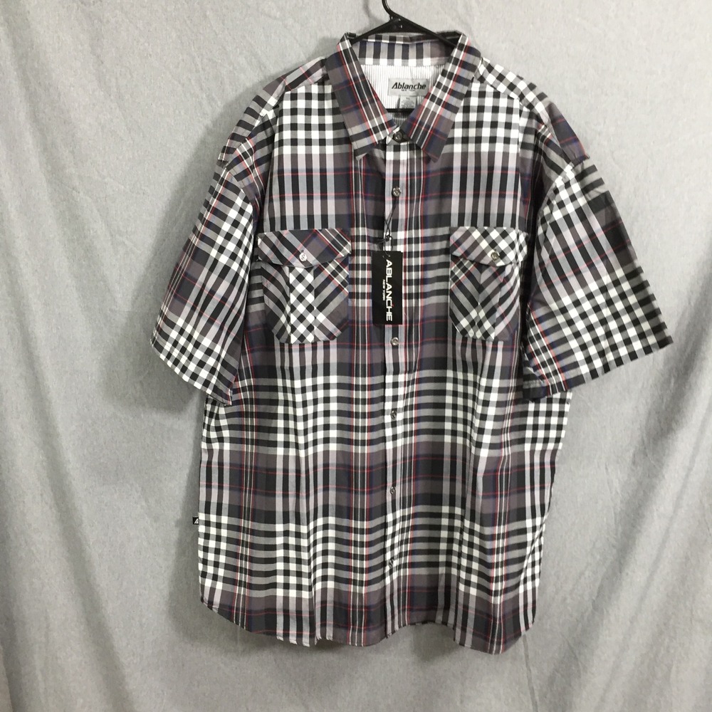 Ablanche New York Mens 5XL Plaid Short Sleeve Button Down Shirt Black Charcoal
